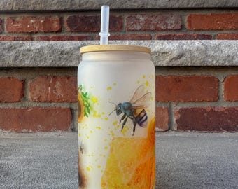 Frosted Glass Iced Coffee Cup: Bees & Honey Design (16oz)