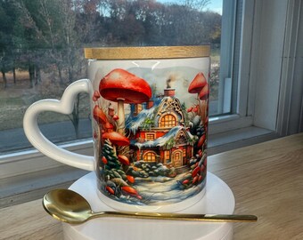 Christmas mug with lid and spoon, heart handle Sublimation mug