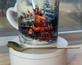 Christmas mug with lid and spoon, heart handle Sublimation mug