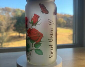 Custom Name Frosted Glass Cup: Red Roses Iced Coffee Tumbler (16oz)
