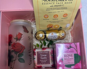 Custom Name Gift Box, Rose Frosted Glass Cup, Spa Set