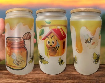 Bees & Honey Frosted Glass Iced Coffee Cup (16oz)