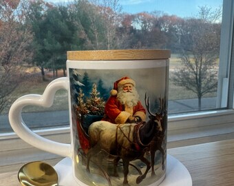 Christmas mug with lid and spoon, heart handle Sublimation mug