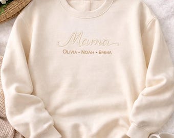Embroidered Mama Sweatshirt with Custom Kids Names, Minimalist Mother's Day Gift