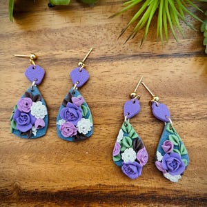 Purple  and white flower earrings | Botanical Earrings⎟Polymer Clay Earrings⎟Statement Earrings⎟Floral⎟Handmade⎟Lightweight