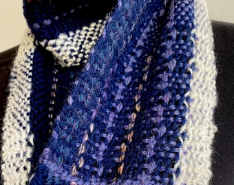 Soft boucle scarf. Blues, white, purple, peach. Handwoven.