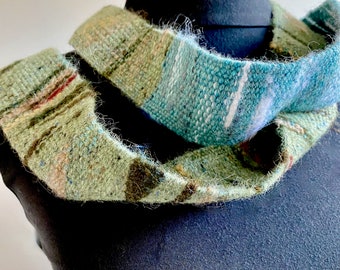 Boho nature-inspired skinny scarf. Wools, merino, possum. Handwoven.