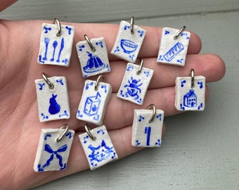 Handmade Clay Charms - Individual Charms without Chain - Blue and White Pendent - Charms for Earrings - Charms for Necklace - Hand Painted