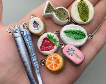 Handmade Clay Charms - Charms with Cord - Clay Pendants - Charms - Charms for Necklace - Hand Painted - Homemade