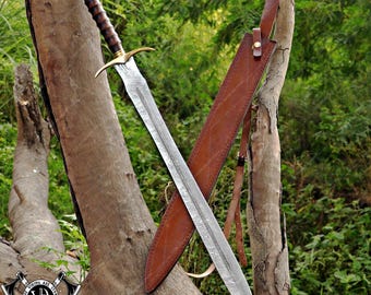 Handmade Damascus Steel Viking Sword: Cosplay Larp Cutlass with Leather Sheath
