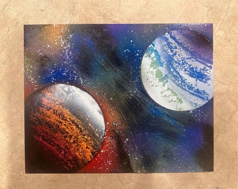 Glossy Multi-color 2 Planet Space Painting