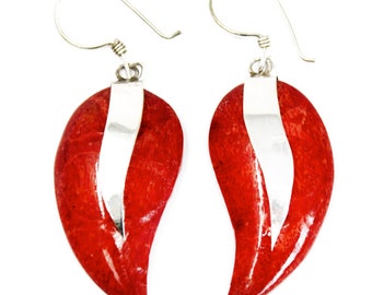 Unique Style Red Coral Earrings - Handmade 925 Silver Fashion Jewelry