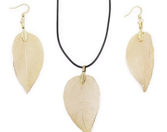 Golden Leaf Necklace & Earring Set with Real Leaves | Unique Nature Jewelry Gift