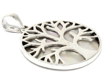 Bohemian Tree of Life Silver Pendant, Yggdrasil Scandinavian Viking Jewelry, Unique Celtic Mother of Pearl Necklace