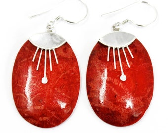 Chic Red Oval Décor Earrings, Handcrafted 925 Silver Coral Imitation Jewelry