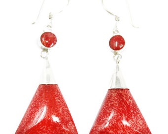 Handmade 925 Silver Double Drop Earrings with Coral Red Imitation - Elegant Fine Jewelry