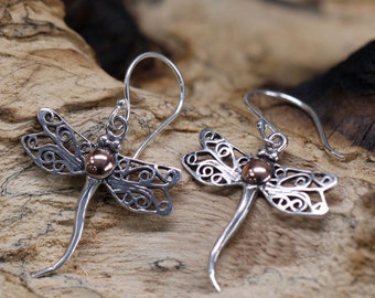 Silver & Gold Dragonfly Earrings - Stylish Insect Dangles - Women's Jewelry