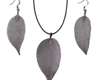 Pewter Leaf Necklace and Earrings - Real Leaf Jewelry Set - Unique Nature Gift
