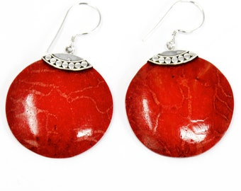925 Silver Earrings Round Elegant Classic Disc Coral Imitation