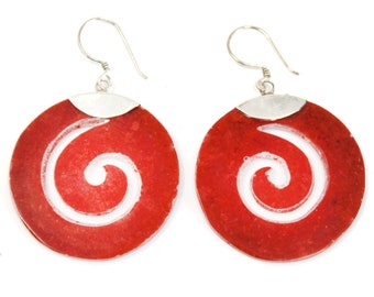 925 Silver Scroll Design Earrings with Red Imitation Coral - Handmade Jewelry