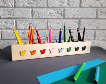 Wooden pencil holder for kids, desk organizer for children, Montessori pen sorter for preschool