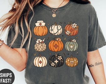 Camiseta Comfort Colors® de otoño con calabazas para enfermeras, linda camiseta de otoño para enfermeras, camiseta de otoño con calabazas para enfermeras, camiseta de regalo de otoño para enfermeras para mujeres