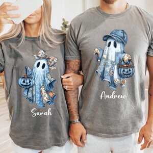 Comfort Colors® Matching Halloween Couple Shirts, Custom Name Ghost Tee, Personalized Spooky Season Shirt, Retro Halloween Costume Tshirt
