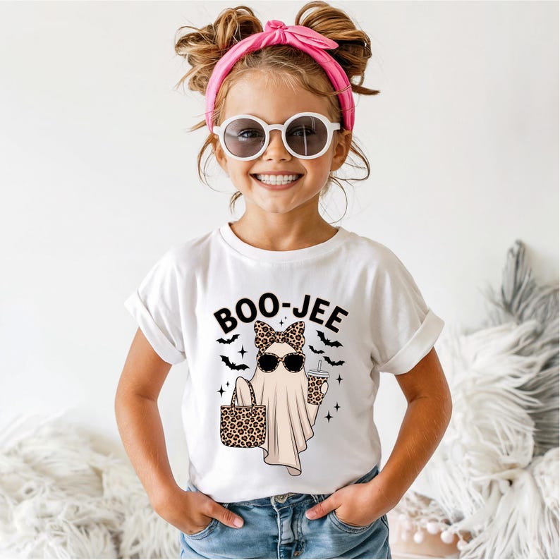 Puede incluir: Una camiseta blanca de manga corta con el gr&aacute;fico de un fantasma con lazo y gafas de sol de estampado de leopardo, que sostiene un bolso y un vaso a juego. El texto BOO-JEE est&aacute; impreso encima del fantasma junto a peque&ntilde;os murci&eacute;lagos.