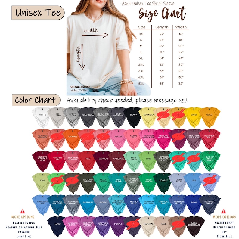 Puede incluir: Una camiseta unisex de manga corta Gildan 64000 en color crema, acompa&ntilde;ada de una tabla de tallas con medidas de largo y ancho en pulgadas, y una carta de colores que muestra numerosas opciones de colores de camisetas con sus nombres.