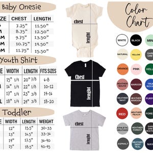 Puede incluir: Una tabla de tallas para bodies de beb&eacute;, camisetas juveniles y camisetas para ni&ntilde;os peque&ntilde;os, con medidas en pulgadas. Incluye ilustraciones de un body blanco, una camiseta negra y una gris, junto a una carta de colores con muestras circulares.