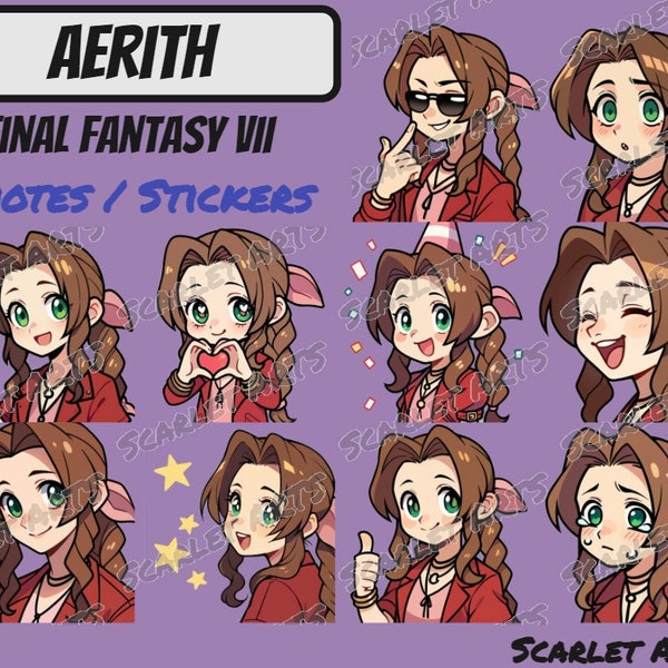 Aerith Final Fantasy VII FF7 Emotes / Pegatinas - Estilo Anime Chibi - Twitch, Youtube, Discord emotes