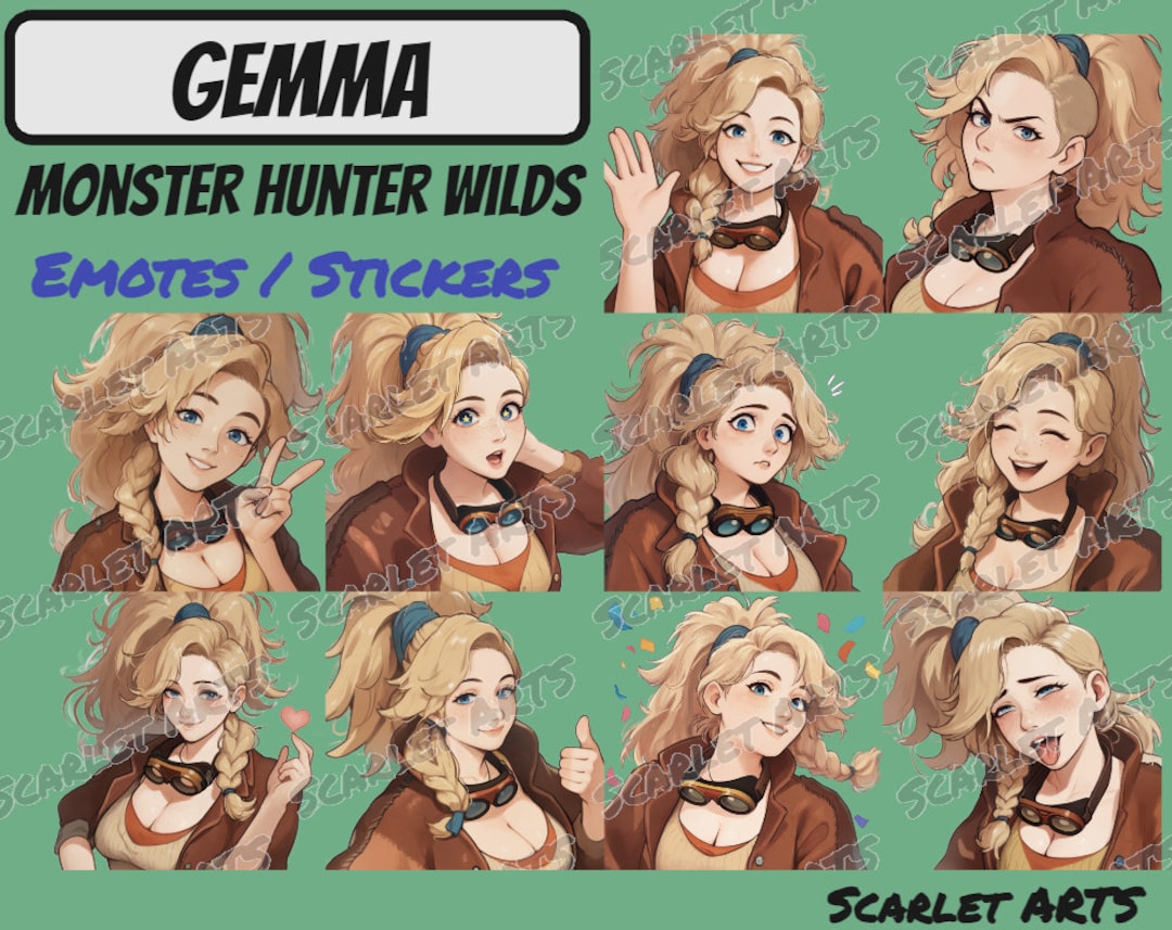 Gemma Monster Hunter Wilds Emotes / Stickers Anime Chibi Style Twitch, Youtube, Discord Emotes