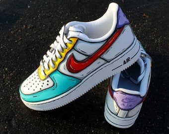 Nike Air Force 1, handbemaltes Comic-Graffiti, individuelles Nike AF1, farbenfrohes Nike AF1, individuelle Schuhe, personalisiertes Geschenk, handbemalte Sneakers