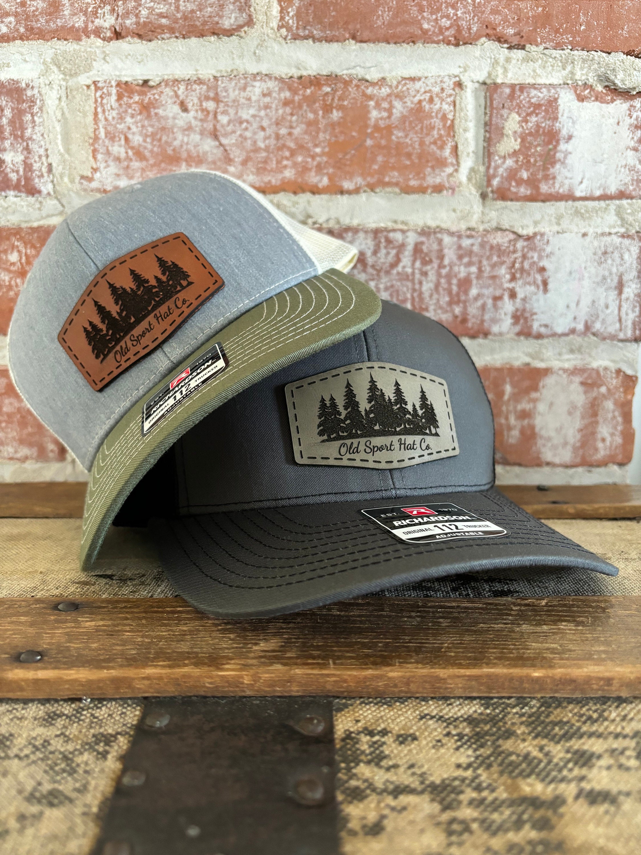 Evergreen Tree Line Leather Patch Hat, Richardson 112