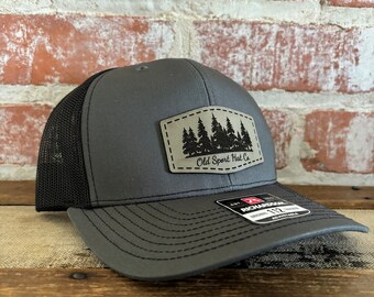 Evergreen Tree Line Leather Patch Hat, Richardson 112