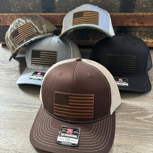 American Flag  genuine leather patch Hat, Richardson 112, trucker hat, patriotic hat