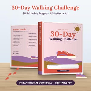 Può includere: Un set di 20 pagine stampabili in PDF per una sfida di camminata di 30 giorni, nei formati US Letter e A4. La copertina mostra una scarpa da ginnastica rossa, un'icona del sole e il testo 30-Day Walking Challenge. Una pagina elenca i contenuti.