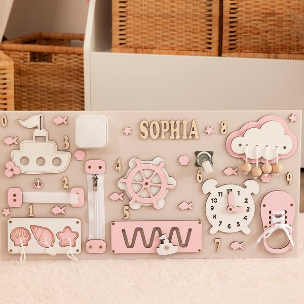 Personalized, Board For Toddler MONTESSORI, Sensory Busy Board 1 Year, 1st Birthday, Gift For a Child, Children's Day, 60x30 Pink and White