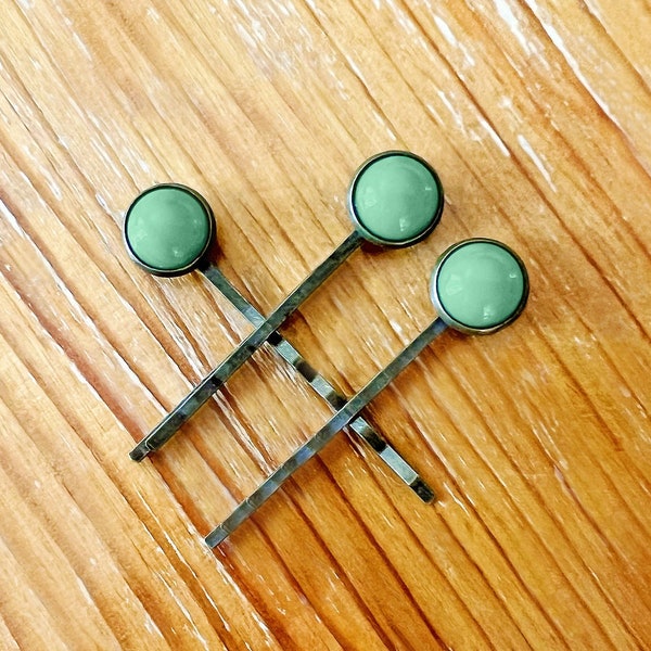 Modern Green Hair Pins – Handmade Set of Three – With Vintage Green Jade Glass Cabochons – Brown Bobby Pins With Bezel Settings