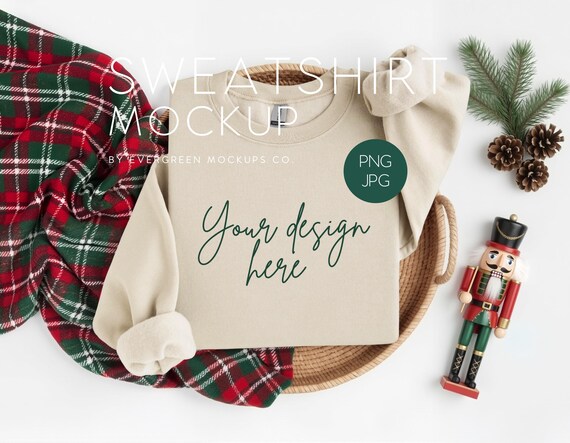 Christmas Gildan 18000 Sand Sweatshirt Mockup, Nutcracker Flat Lay Product Photography for Digital Downloads