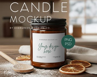 Mockup van een amberkleurige kaars | Productfoto voor de winterkeuken (PSD & PNG)