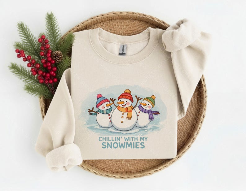 May include: A beige crewneck sweatshirt featuring a graphic of three snowmen wearing colorful hats and scarves. The snowmen are positioned above the blue text that reads "CHILLIN' WITH MY SNOWMIES." The garment has long sleeves and a ribbed neckline.