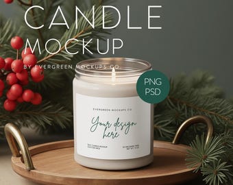 Transparante kerstkaars mockup | Winterse digitale stockfoto voor Photoshop PSD en PNG styling