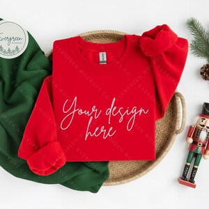 Gildan 18000 Red Sweatshirt Christmas Mockup, Nutcracker Flat Lay Product Photography for Digital Downloads