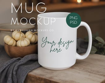 Mockup voor een herfstmok: keramische koffiemok van 440 ml, rustieke Halloween-stijl (PNG, PSD, digitale download)