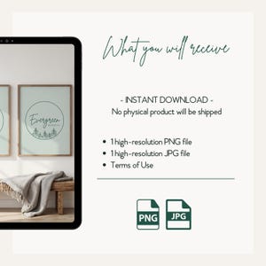 May include: A digital display showing a tablet screen with a framed wall art mockup featuring a circle logo with the text Evergreen and pine trees. The text reads What you will receive, INSTANT DOWNLOAD, 1 high-resolution PNG file, 1 high-resolution JPG file, and Terms of Use, with PNG and JPG icons below.