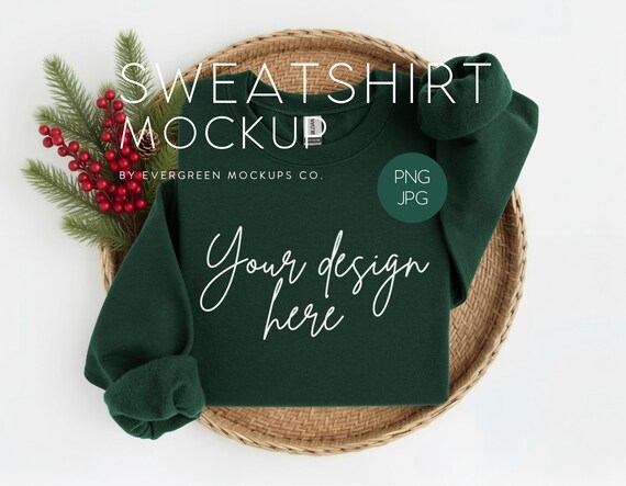 Flat Lay Sweatshirt Mockup, Gildan 18000 Forest, Christmas Product Photography for Digital Downloads