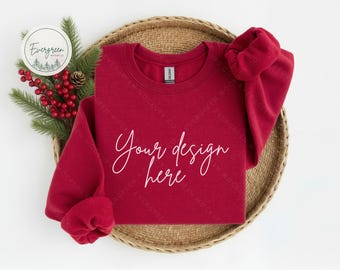 Christmas Sweatshirt Mockup, Gildan 18000 Cardinal Red (Digital Downloads)