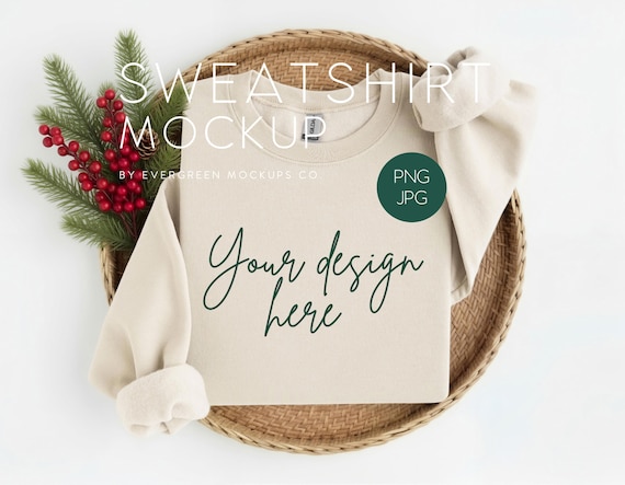 Gildan 18000 Sand Christmas Sweatshirt Mockup, Flat Lay Product Photography for Digital Downloads
