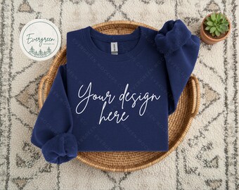 Gildan 18000 marineblauwe mockup, boho-sweatshirt plat gelegd, digitale download, JPG en PNG